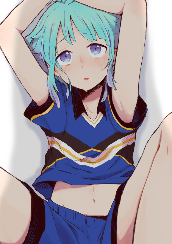 1boy, alternate_costume, arms_up, blue_hair, ensemble_stars!, iida_(11ta_hm), male_focus, midriff_peek, navel, shadow, shino_hajime, shirt, short_hair, short_sleeves, shorts, solo_focus, sweat, t-shirt, thighs, violet_eyes