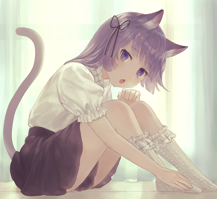 1girl, :o, animal_ears, bangs, between_legs, black_ribbon, black_skirt, blunt_bangs