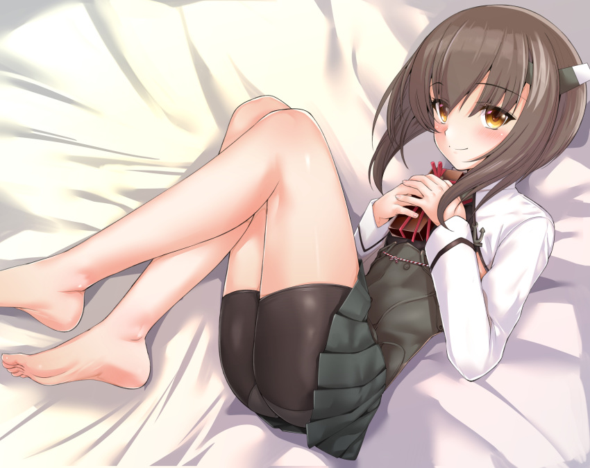 1girl, ass, barefoot, bike_shorts, box, brown_eyes, brown_hair, feet