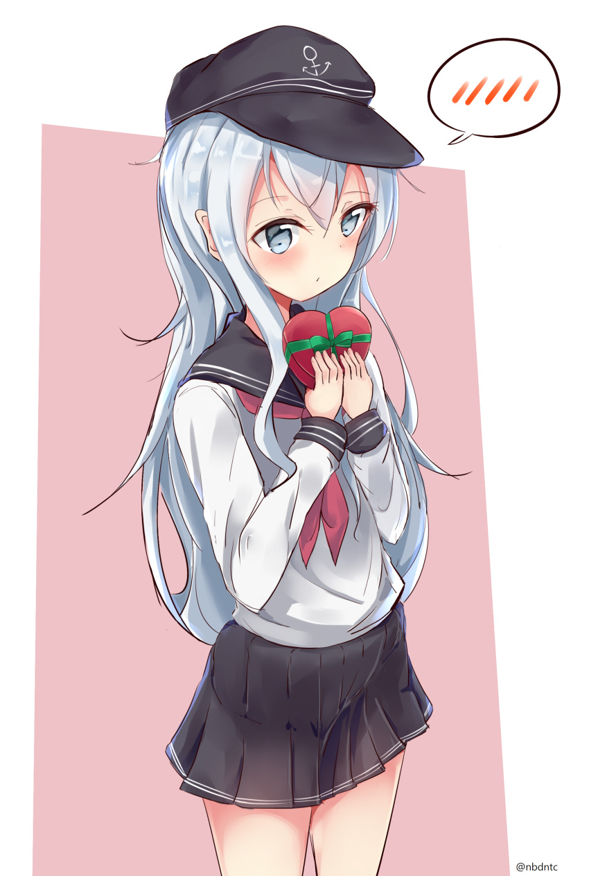 1girl, absurdres, black_hat, black_skirt, blue_eyes, box, flat_cap, gift
