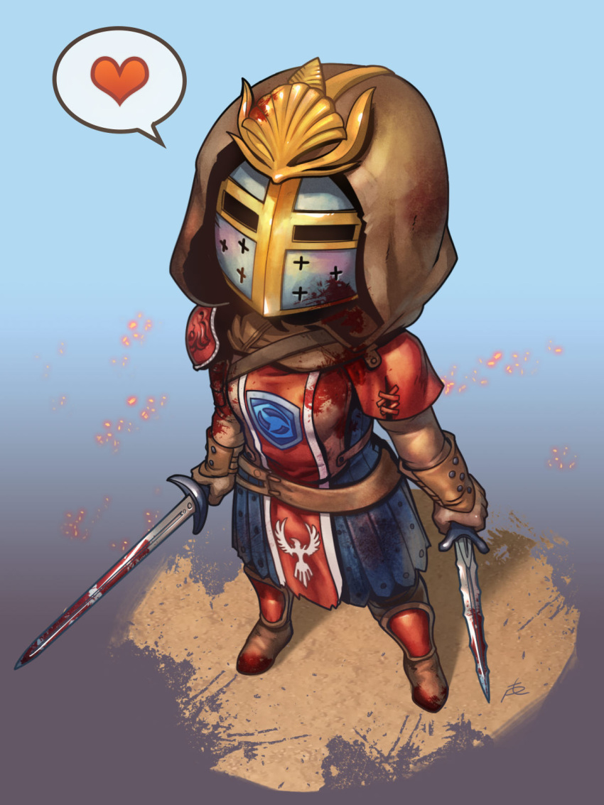 armor, blood, blood_on_shoes, bloody_clothes, chibi, crest, dagger, dual_wielding