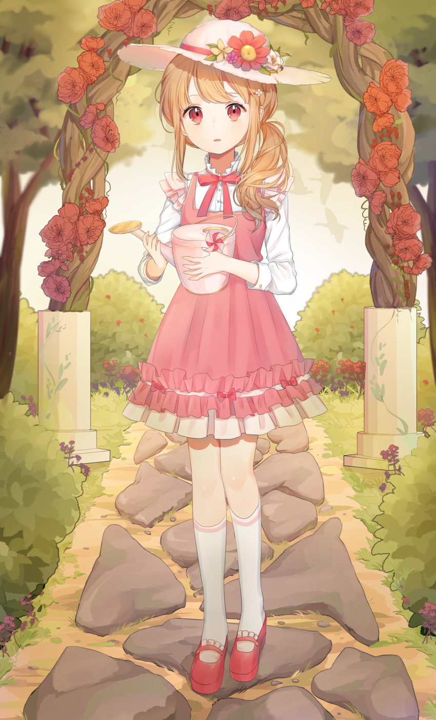 1girl, absurdres, arch, bird, dress, flower, hat, hat_flower, highres, light_brown_hair, long_hair, looking_at_viewer, moffle_(2019), open_mouth, original, outdoors, path, pink_dress, ponytail, red_eyes, red_shoes, road, shoes, socks, solo, standing, watering_can, white_legwear