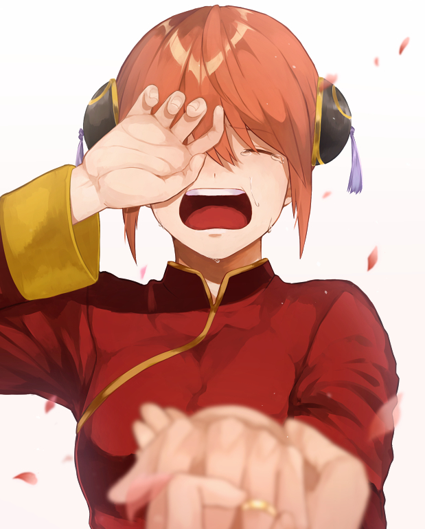 1girl, bangs, blurry, breasts, bun_cover, chinese_clothes, couple, covering_one_eye, crying, depth_of_field, double_bun, eyebrows_visible_through_hair, facing_viewer, fingernails, gintama, hair_between_eyes, hand_over_eye, hetero, holding_hand, iiko, jewelry, kagura_(gintama), long_sleeves, motion_blur, one_eye_covered, open_hand, open_mouth, outstretched_arm, palms, petals, pov, pov_hands, putting_on_jewelry, redhead, ring, simple_background, solo_focus, tassel, tongue, upper_body, wedding_band, white_background