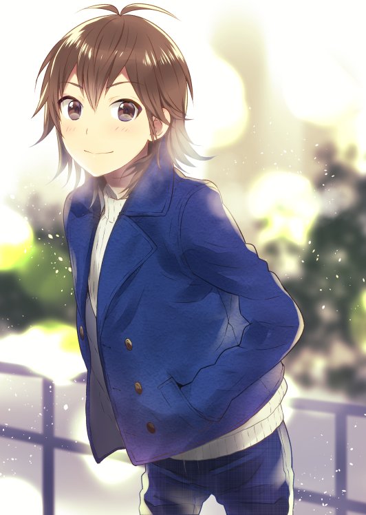 1boy, belt, blurry, brown_eyes, brown_hair, depth_of_field, hands_in_pockets, kikuchi_mataha