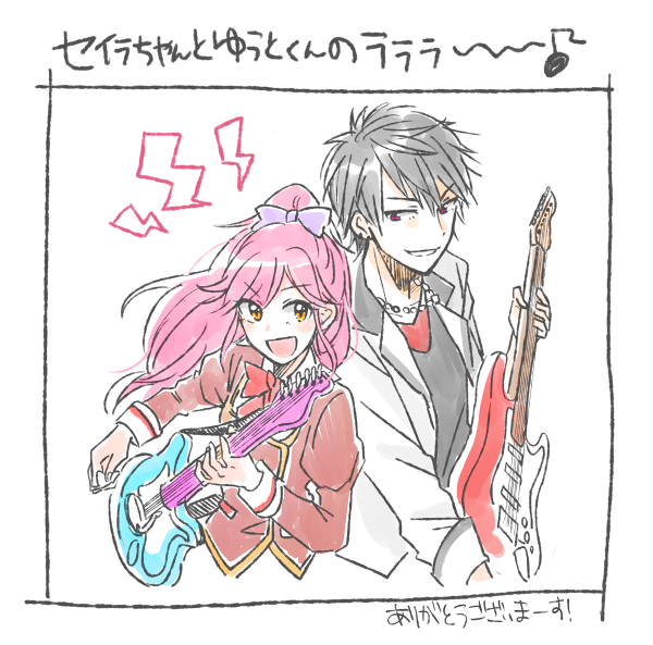 1boy, 1girl, aikatsu!, back-to-back, black_hair, blazer, bow, brown_eyes