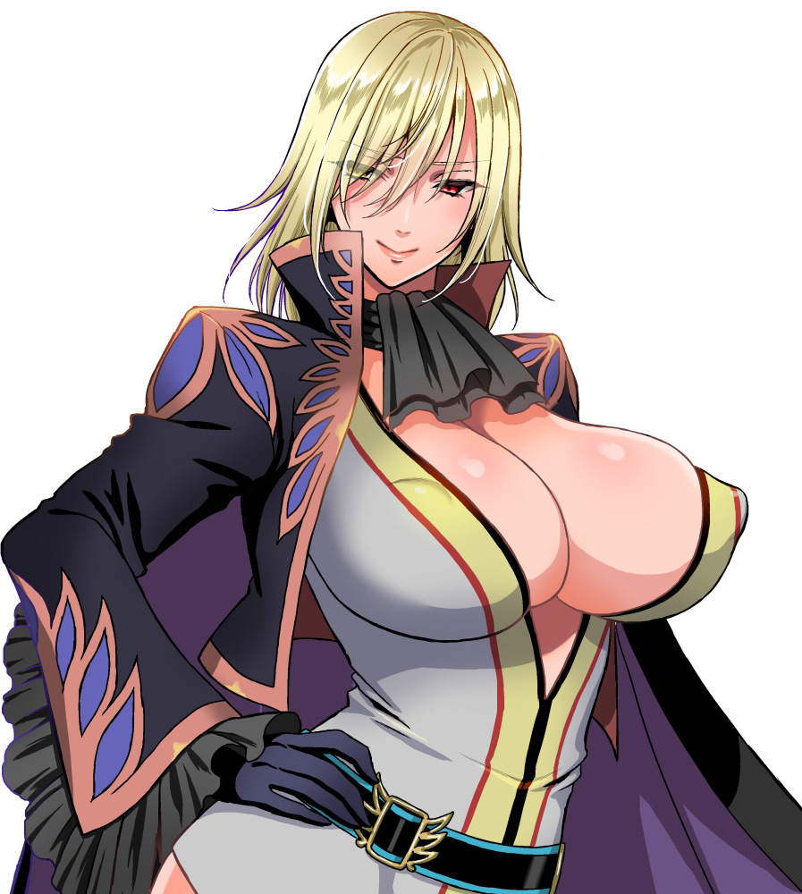 1girl, ascot, belt, black_gloves, blonde_hair, blush, breasts, cape