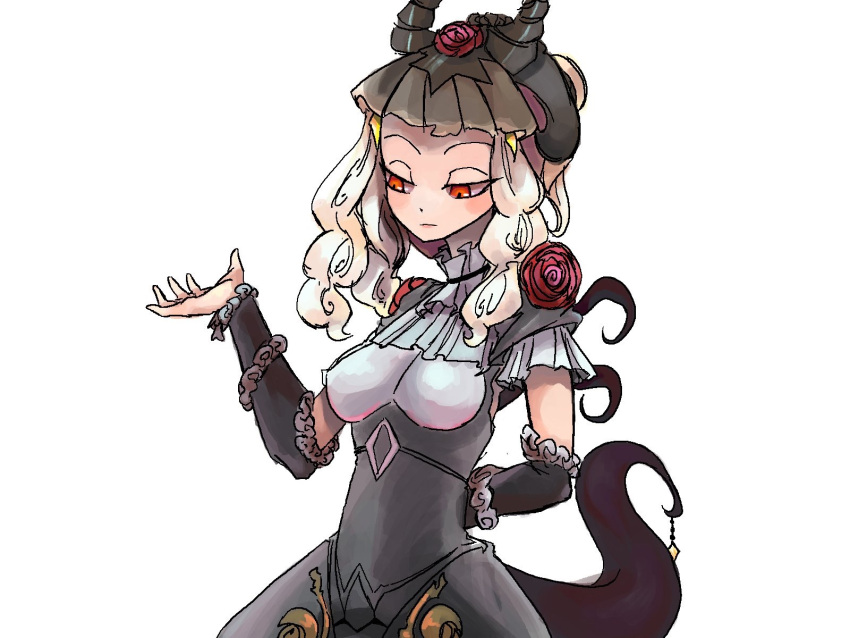 arm_behind_back, blonde_hair, coatifan, gem, highres, horns, lethe_(mahoiku), long_hair