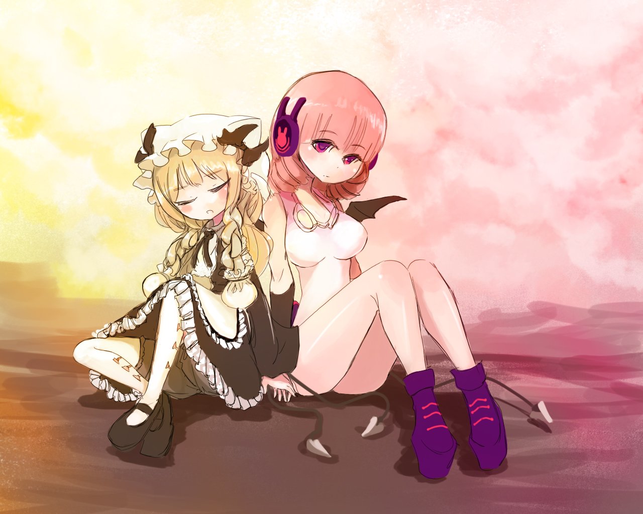 2girls, bat_wings, blonde_hair, closed_eyes, coatifan, hand_on_hand, headphones, mahou_shoujo_ikusei_keikaku