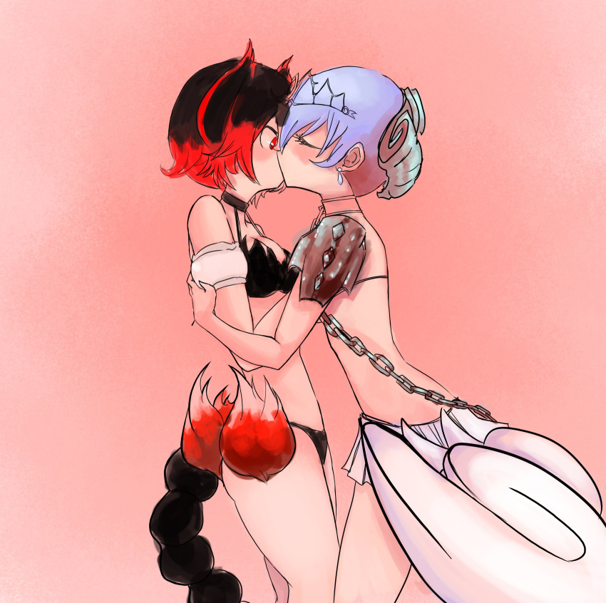 2girls, absurdres, bikini, blue_hair, chains, closed_eyes, coatifan, highres, hug, kiss, mahou_shoujo_ikusei_keikaku, mahou_shoujo_ikusei_keikaku_jokers, multiple_girls, princess_deluge, princess_inferno, redhead, scorpion_tail, short_hair, surprised, swimsuit, yuri