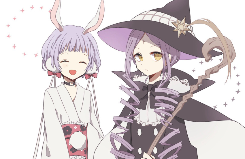 2girls, animal_ears, closed_eyes, drill_hair, gekokujou_hana, hat, highres, japanese_clothes