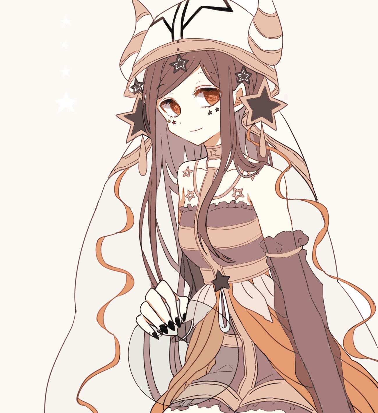 1girl, black_hair, hat, highres, horns, long_hair, mahou_shoujo_ikusei_keikaku, nail_polish