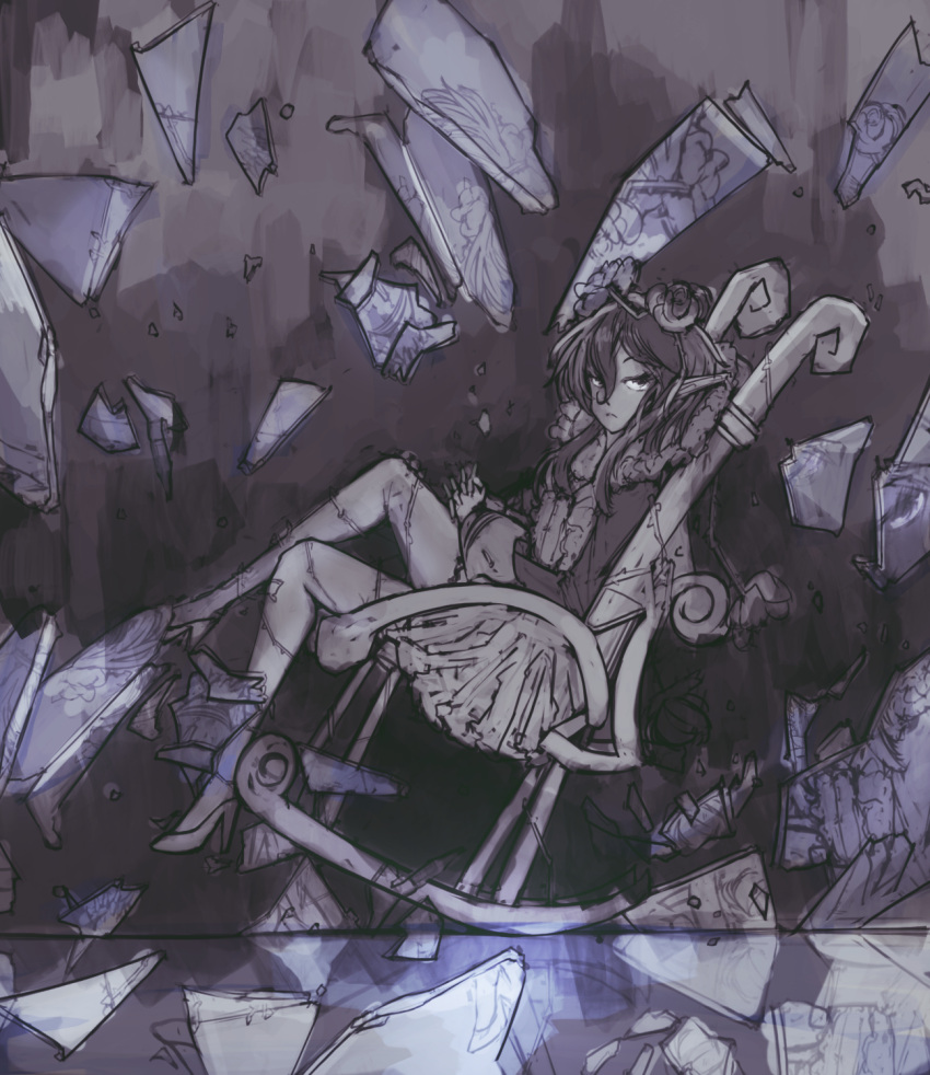 1girl, broken_glass, chair, cranberry_(mahoiku), dark, elf, glass, highres, leebyeol, mahou_shoujo_ikusei_keikaku, pointy_ears, rocking_chair, short_hair, sitting, solo
