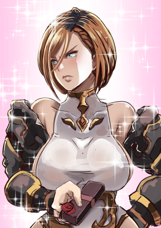 1girl, apollonia_vaar, armor, bangs, bare_shoulders, blue_eyes, bob_cut, box