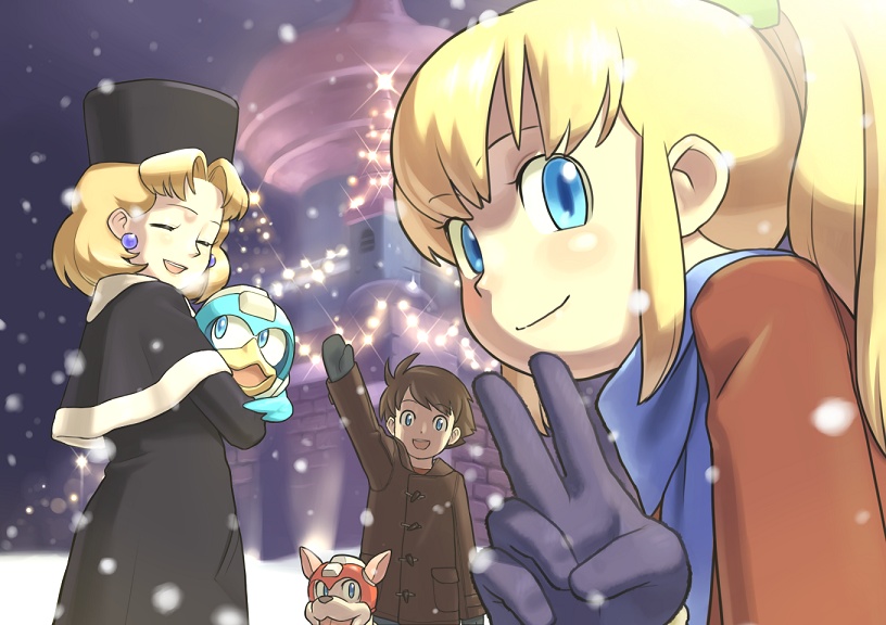 beat, beat_(mega_man), blonde_hair, blue_eyes, brown_hair, capcom, coat, dog