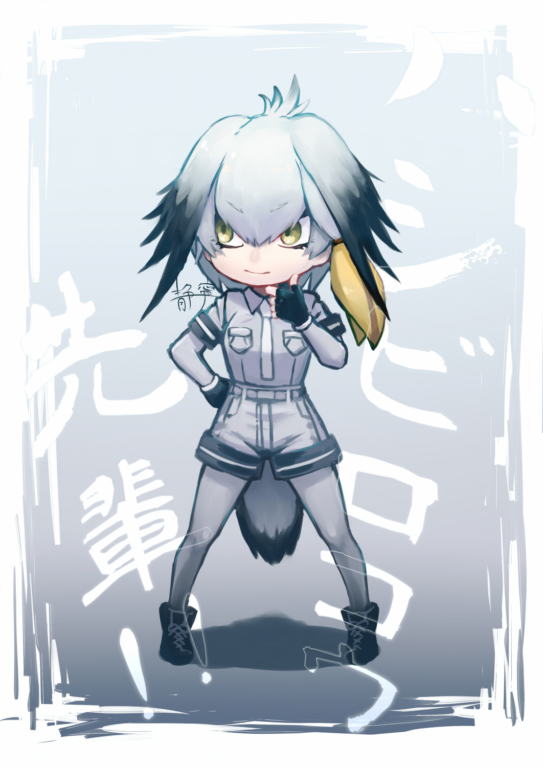 1girl, ahoge, belt, black_boots, black_gloves, boots, breast_pocket, chibi