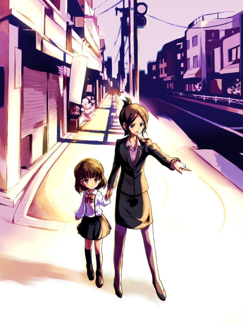 3girls, black_hair, black_legwear, black_shoes, black_skirt, blazer, blonde_hair, blush