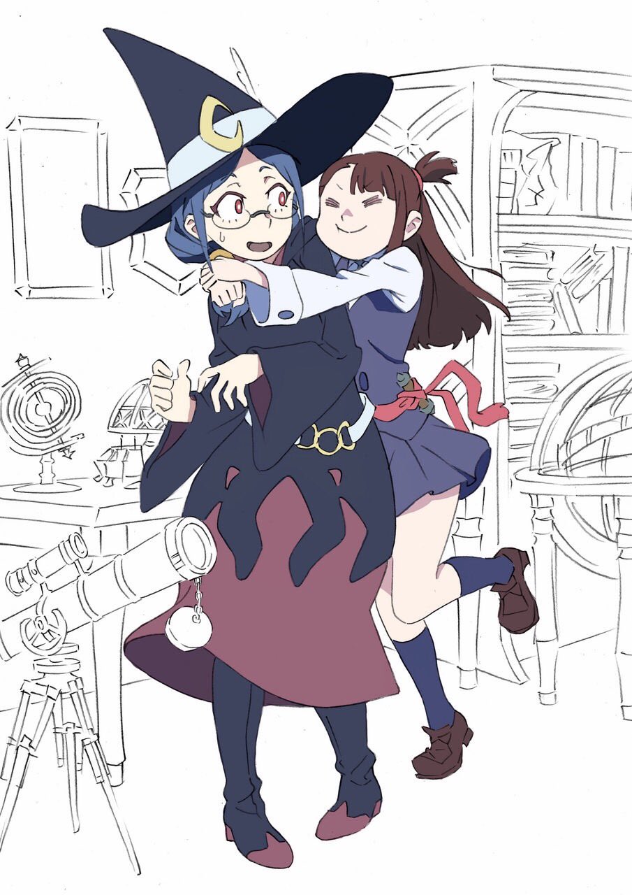 2girls, akko_kagari, arai_hiroki, blue_hair, bookshelf, brown_hair, globe, gyroscope