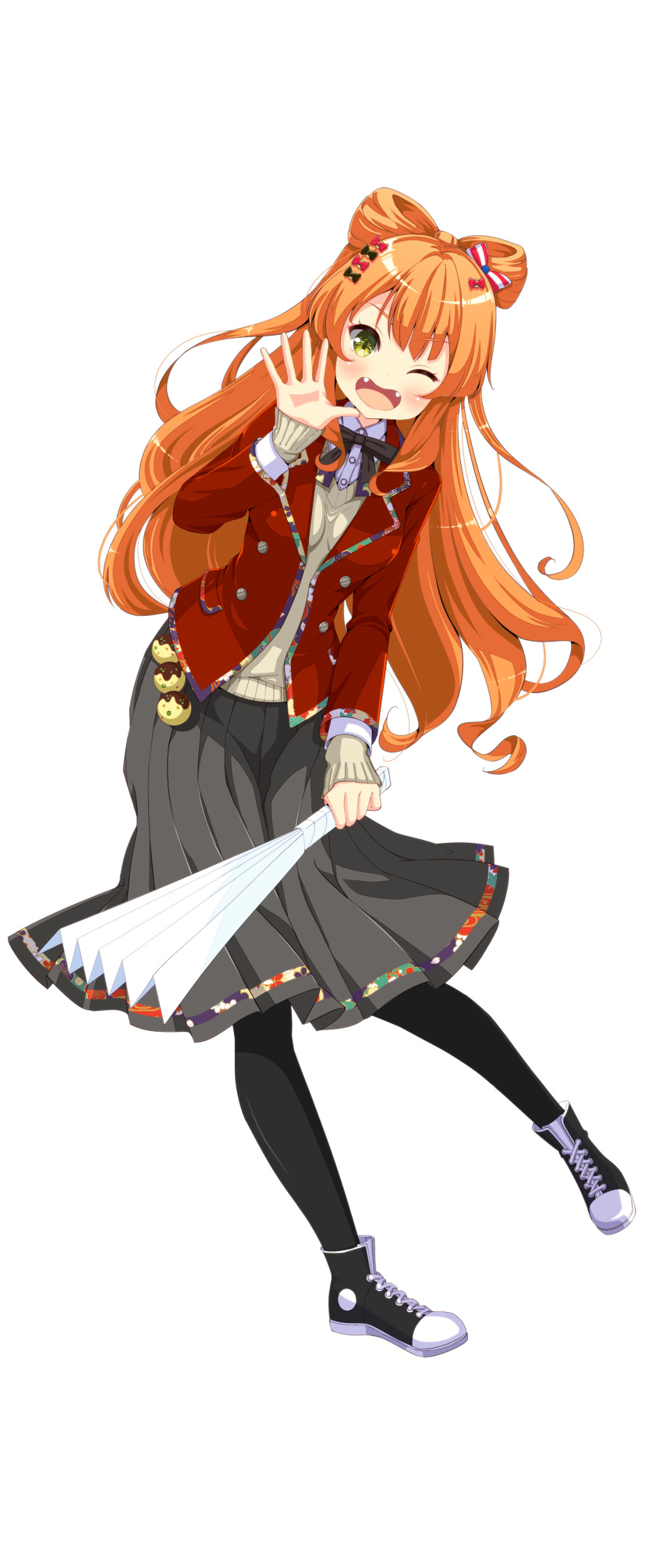 1girl, absurdres, black_legwear, blazer, bow, fan, fangs, food