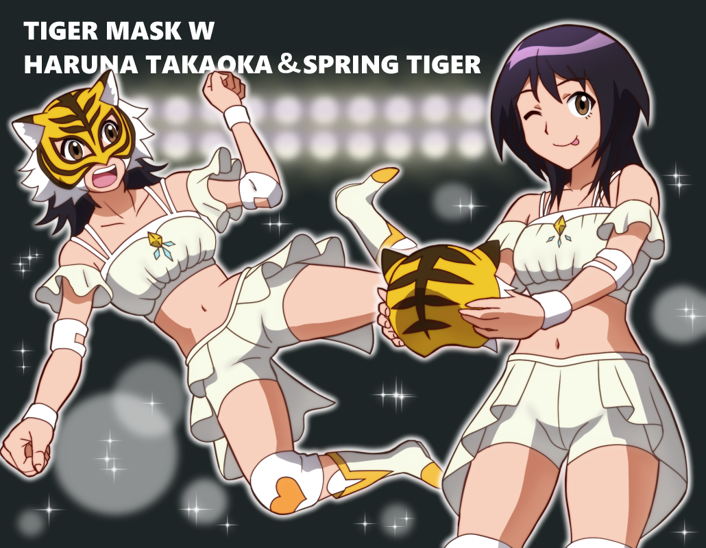 boots, commentary_request, dual_persona, elbow_pads, mask, midriff, navel, one_eye_closed