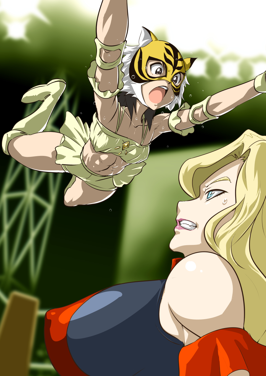 abs, boots, breasts, commentary_request, elbow_pads, flying_body_attack, highres, mask