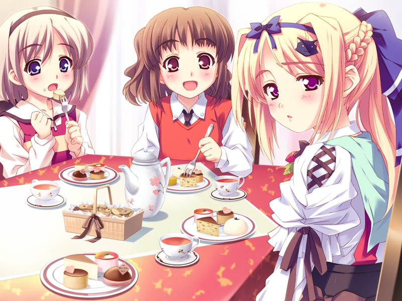 3girls, blonde_hair, blue_eyes, brown_eyes, brown_hair, cake, christof_clement, food
