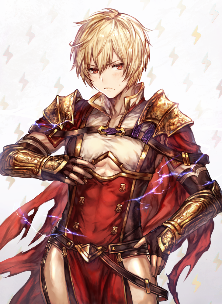 1boy, albert_(shingeki_no_bahamut), blonde_hair, blush, closed_mouth, crossdressinging, electricity, embarrassed, gauntlets, granblue_fantasy, grey_background, hand_on_hip, lips, male_focus, pelvic_curtain, popped_collar, red_eyes, shigaraki_(strobe_blue), shingeki_no_bahamut, short_hair, simple_background, skindentation, solo, sweatdrop, thighs, toned, toned_male, underboob_cutout