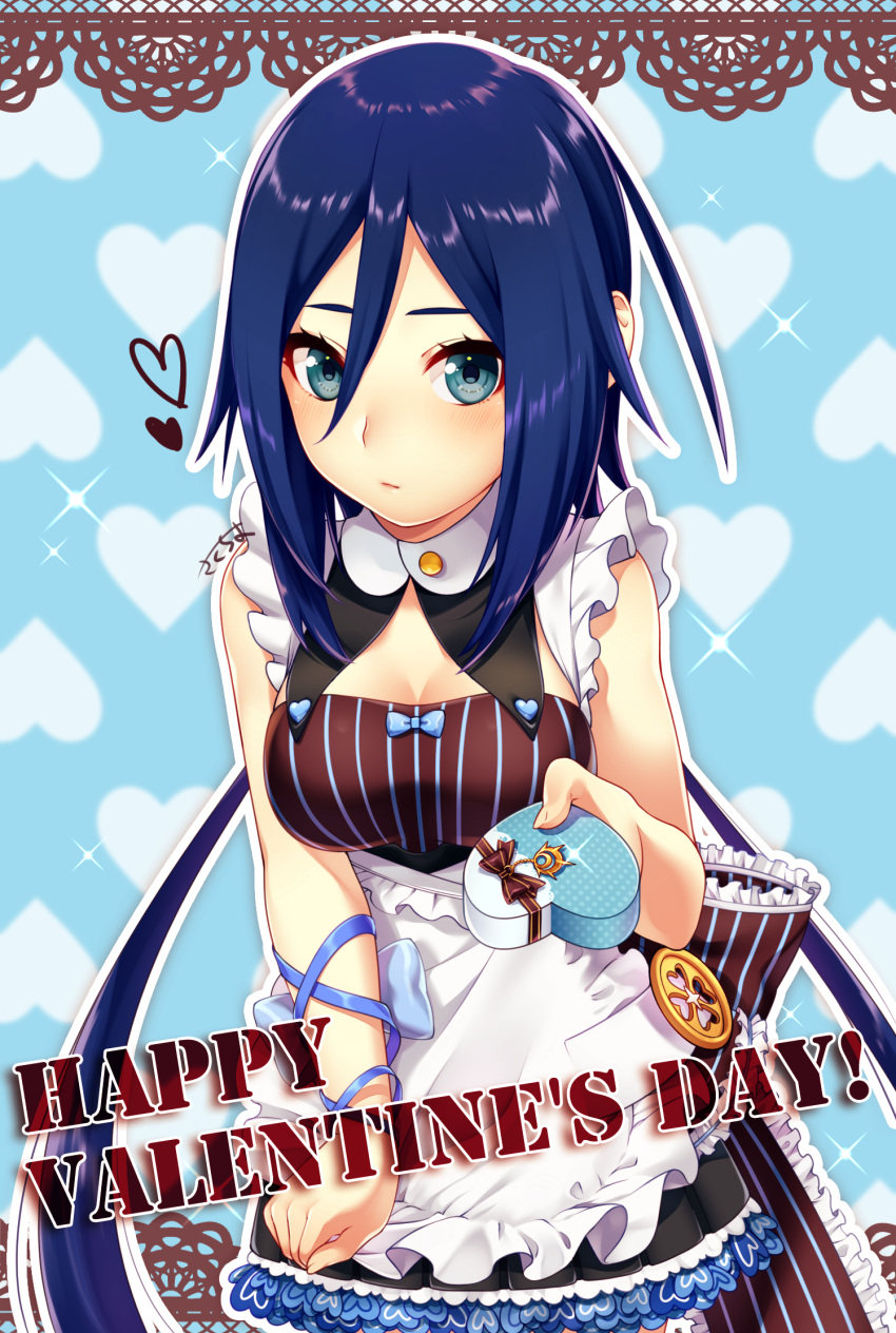1girl, apron, aqua_eyes, blue_background, blue_eyes, blue_hair, blush, breasts