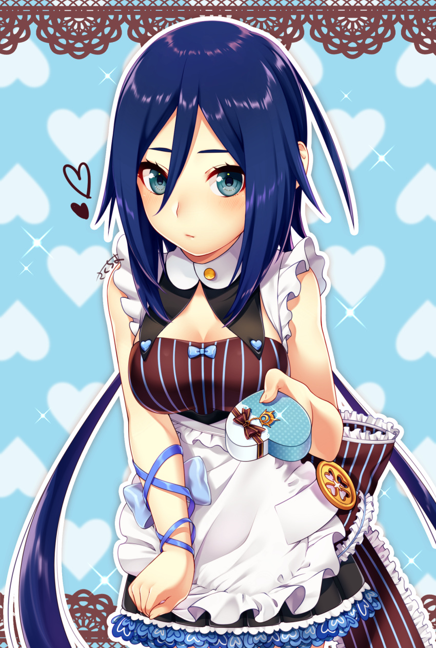 1girl, apron, aqua_eyes, blue_background, blue_eyes, blue_hair, blush, breasts