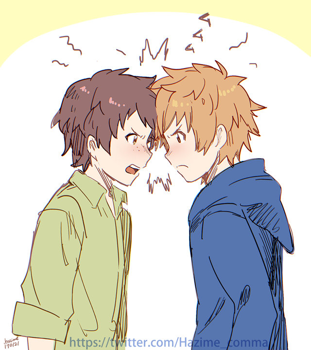 2017, 2boys, aaron_(granblue_fantasy), angry, brown_eyes, brown_hair, dated, forehead-to-forehead