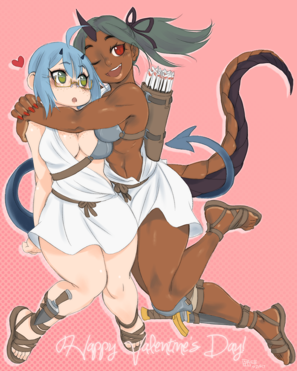 2girls, basilisk, blue_hair, breast_press, breastplate, breasts, dagger, dark_skin
