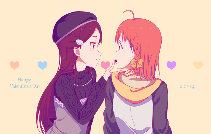 2girls, ahoge, aran_sweater, bangs, beret, blush, bow, braid