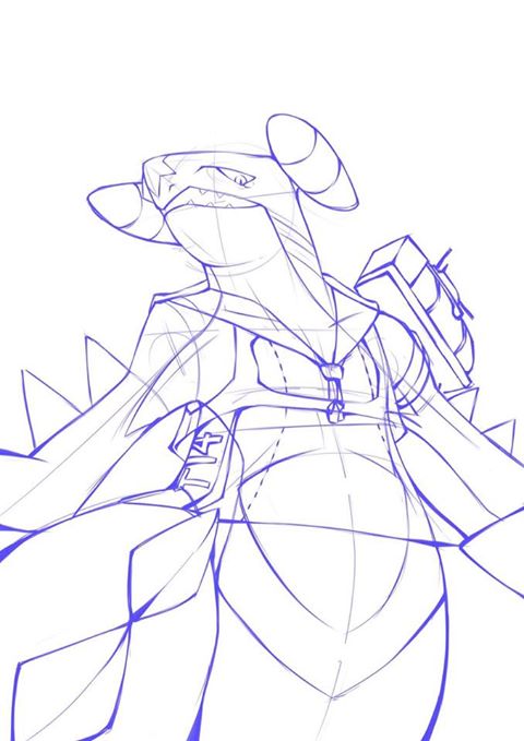 artist_request, clothed_pokemon, cosplay, crop_top, crossover, dorsal_fin, garchomp, i-14_(kantai_collection), i-14_(kantai_collection)_(cosplay), kantai_collection, look-alike, no_humans, one-piece_swimsuit, open_mouth, pokemon, pokemon_(creature), pokemon_(game), pokemon_dppt, school_swimsuit, school_uniform, serafuku, sharp_teeth, simple_background, sketch, solo, spikes, swimsuit, teeth, white_background