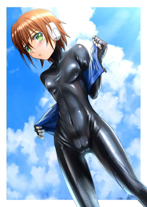 1girl, aile, black_bodysuit, bodysuit, brown_hair, gloves, green_eyes, jacket