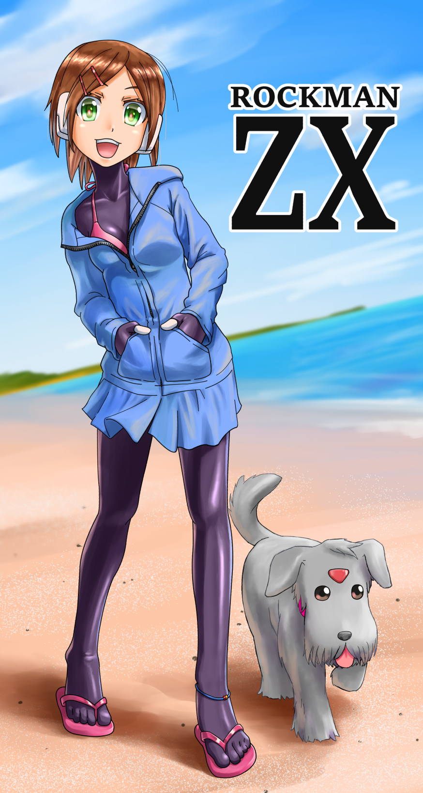 1girl, aile, beach, bodysuit, brown_hair, dog, gloves, highres