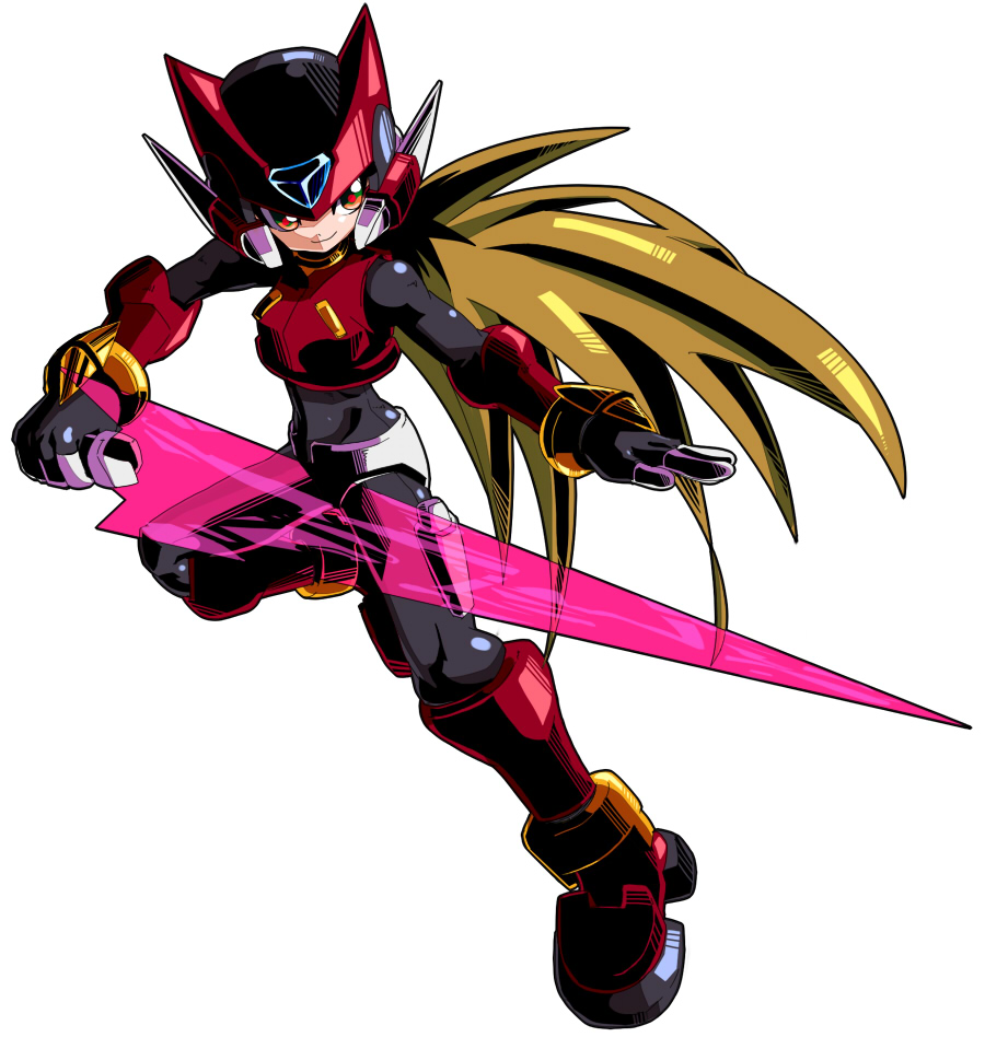 1girl, aile, armor, blonde_hair, bodysuit, brown_hair, gloves, green_eyes, helmet, long_hair, ponytail, rockman, rockman_zx, short_hair, solo, spandex, suteito, sword, weapon