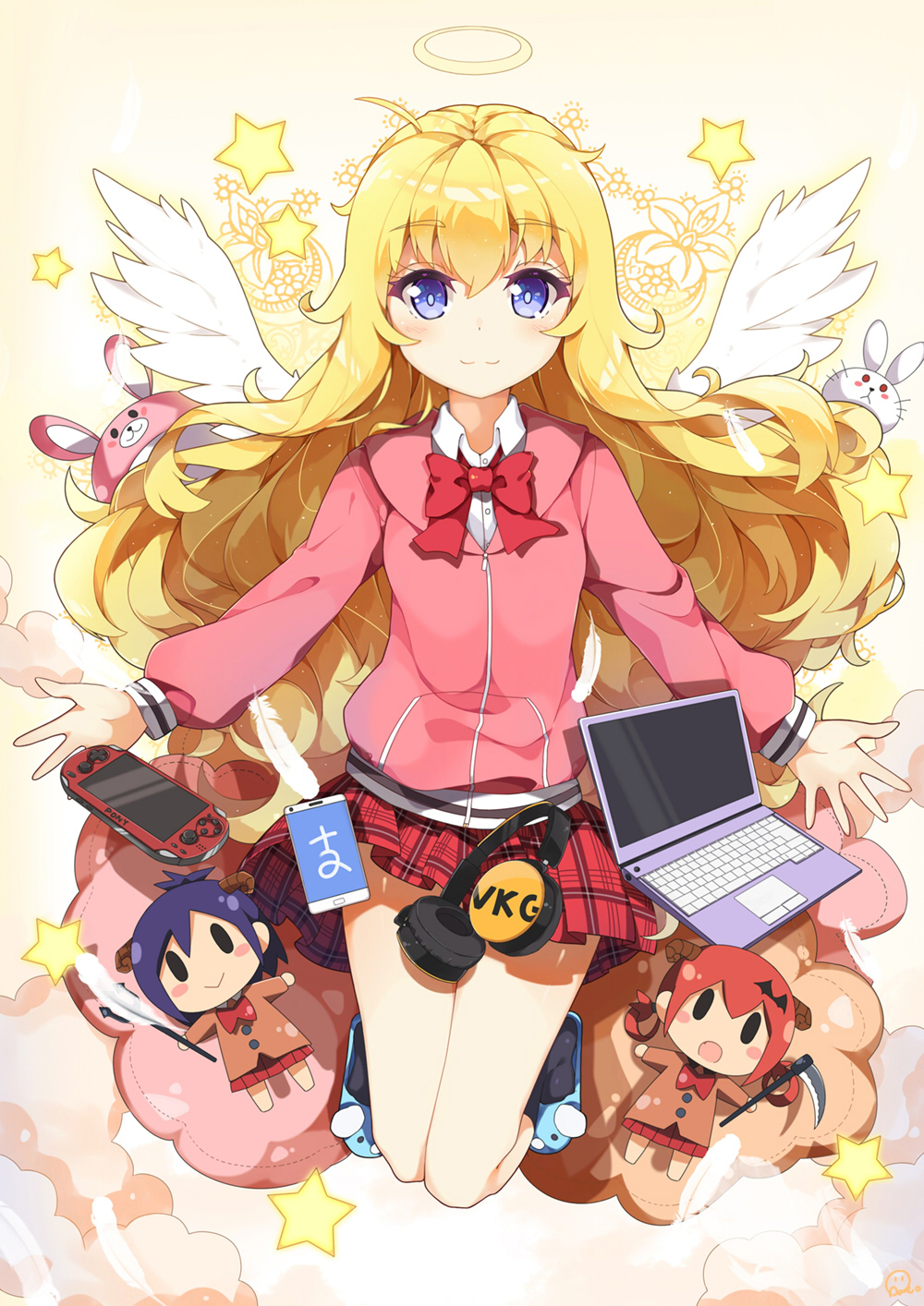 1girl, :>, :3, :o, angel, angel_wings, animal_slippers, bangs