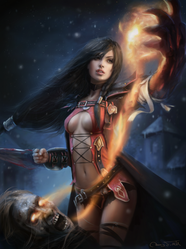 1girl, arm_blade, black_hair, breasts, cleavage, dennis_frohlich, glowing, glowing_hand