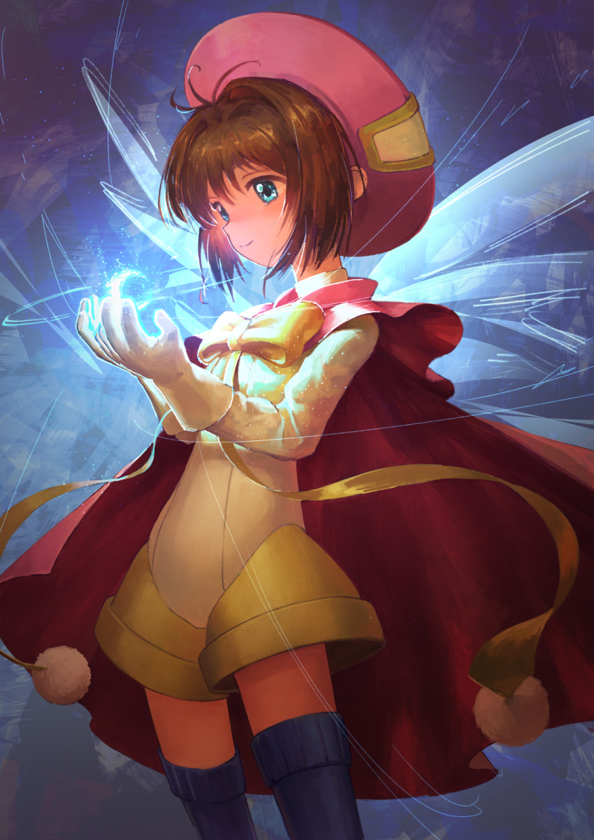 1girl, boots, brown_hair, cape, card_captor_sakura, dress, gloves, green_eyes