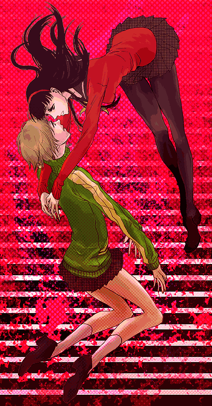 amagi_yukiko, black_hair, brown_hair, legs, multiple_girls, mz, pantyhose, persona, persona_4, satonaka_chie, skirt, yuri