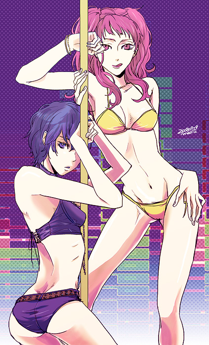 belt, bikini, blue_hair, kujikawa_rise, mz, persona, persona_4, pink_hair, pole, pole_dancing, shirogane_naoto, short_hair, stripper, swimsuit, twintails