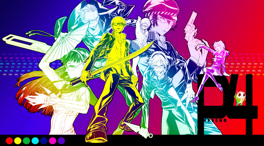 cabbie_hat, chair, colorful, everyone, fan, glasses, gun, hanamura_yousuke