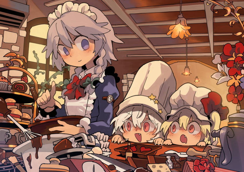 3girls, :d, :o, apron, blonde_hair, blue_eyes, blush, bow