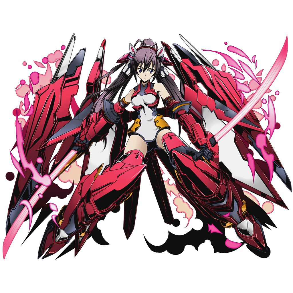 1girl, akatsubaki, bare_shoulders, black_hair, divine_gate, dual_wielding, full_body, hair_between_eyes, high_ponytail, holding, holding_sword, holding_weapon, infinite_stratos, katana, long_hair, mecha_musume, official_art, shinonome_nano, solo, sword, transparent_background, ucmm, very_long_hair, weapon