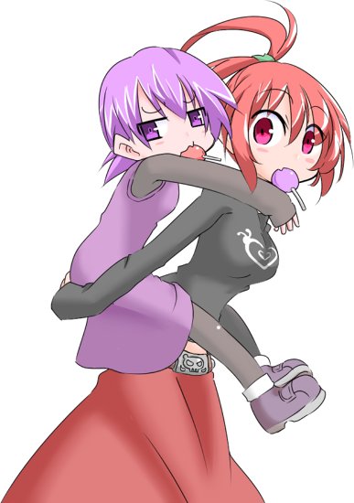 2girls, belt, blush, breasts, candy, food, hono, kae