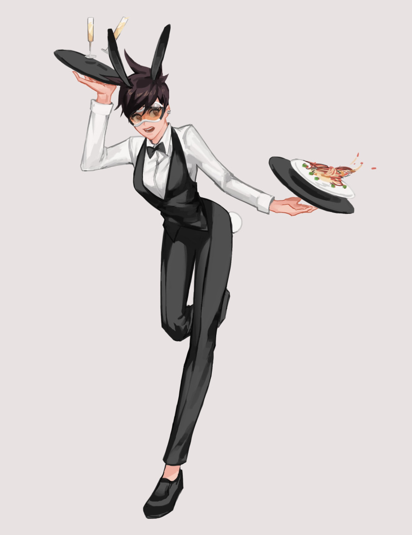 1girl, absurdres, alcohol, alternate_costume, animal_ears, black_bow, black_bowtie, black_pants