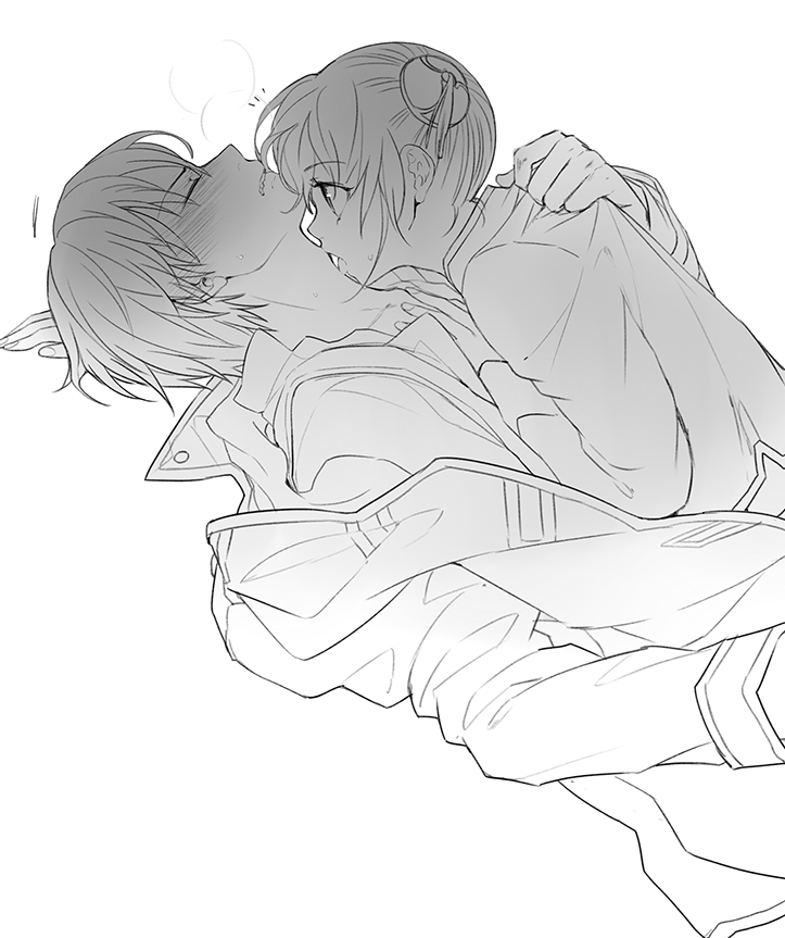 /\/\/\, 1boy, 1girl, biting, blush, bun_cover, closed_eyes, clothes_grab