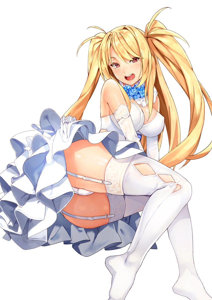 1girl, ass, bangs, bare_shoulders, blonde_hair, blue_flower, blue_rose, breasts