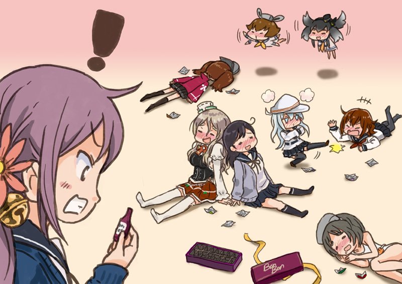 +++, 6+girls, ahoge, akebono_(kantai_collection), alcohol, bell, black_hair, blonde_hair