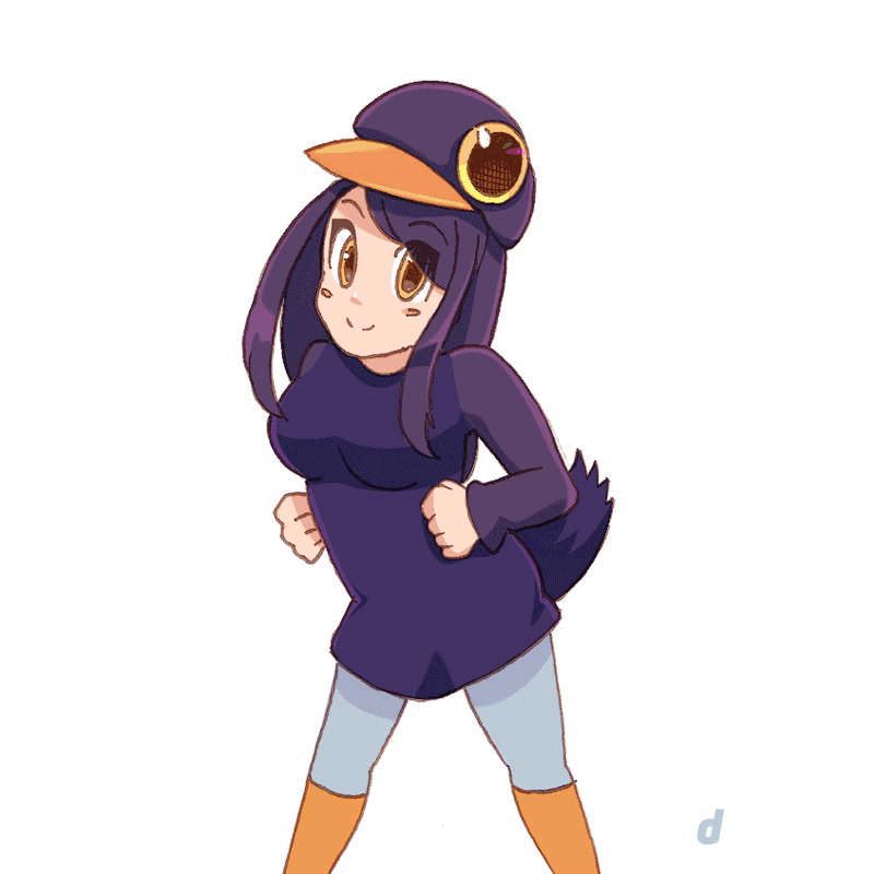 >_<, 1girl, animated, animated_gif, artist_name, bird_hat, bird_tail, blue_dress, blush_stickers, closed_eyes, dannoo, dress, facebook, hat, headbanging, long_sleeves, md5_mismatch, meme, pantyhose, personification, purple_hair, purple_shirt, shirt, simple_background, smile, solo, tail, trash_dove, white_background, yellow_eyes