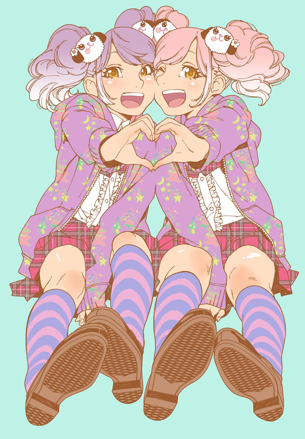 2girls, :d, ;d, bangs, between_legs, brown_eyes, buttons, center_frills
